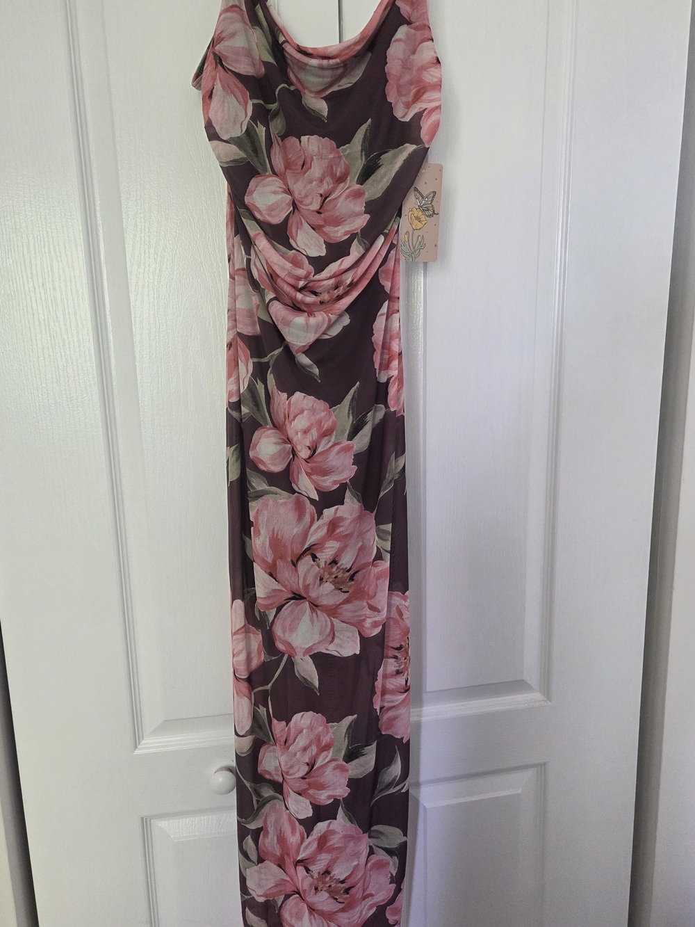 Cowl-Neck Maxi Dress with Pink Floral Print